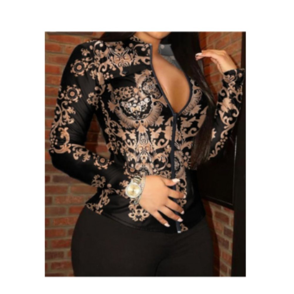Women's Sexy Baroque Print Zip Up Long Sleeve Top (Size: Large)